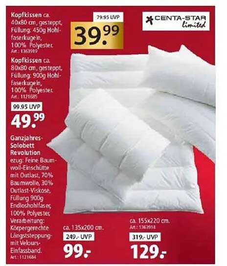 Kopfkissen ca. 40x80 cm, gesteppt, Füllung 450g Hohlfaserkugeln, 100% Polyester