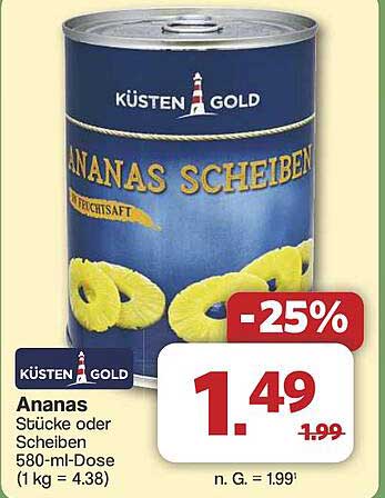 KÜSTEN GOLD Ananas Stücke oder Scheiben 580-ml-Dose