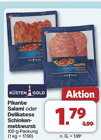 KÜSTEN GOLD Pikante Salami oder Delikatess Schinkenmettwurst 100-g-Packung