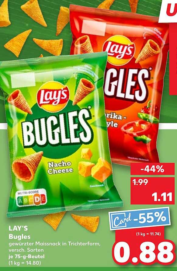 LAY'S Bugles gewürzter Maissnack in Trichterform, verschiedene Sorten, je 75-g-Beutel