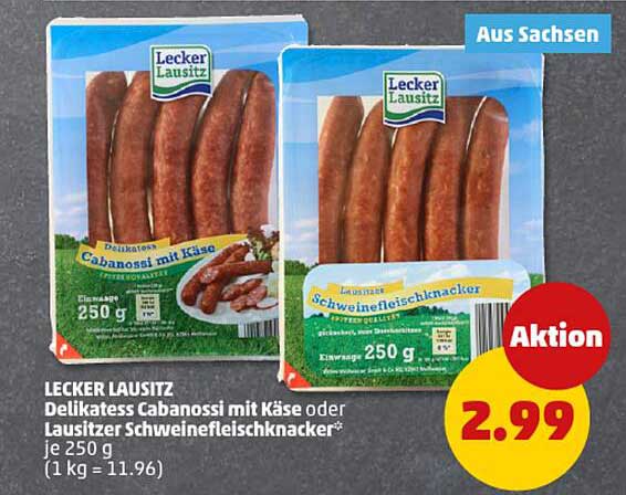 LECKER LAUSITZ Delikatesse Cabanossi mit Käse oder Lausitzer Schweinefleischknacker 250 g