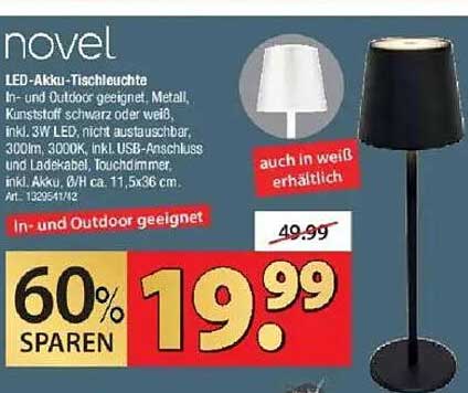 LED-Akku-Tischleuchte novel in Schwarz oder Weiß
