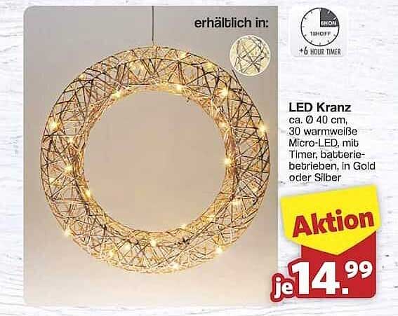 LED Kranz ca. Ø 40 cm, 30 warmweiße Micro-LED, mit Timer, batteriebetrieben, in Gold oder Silber