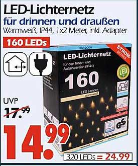 LED-Lichternetz für drinnen und draußen, Warmweiß, IP44, 1x2 Meter, inkl. Adapter, 160 LEDs