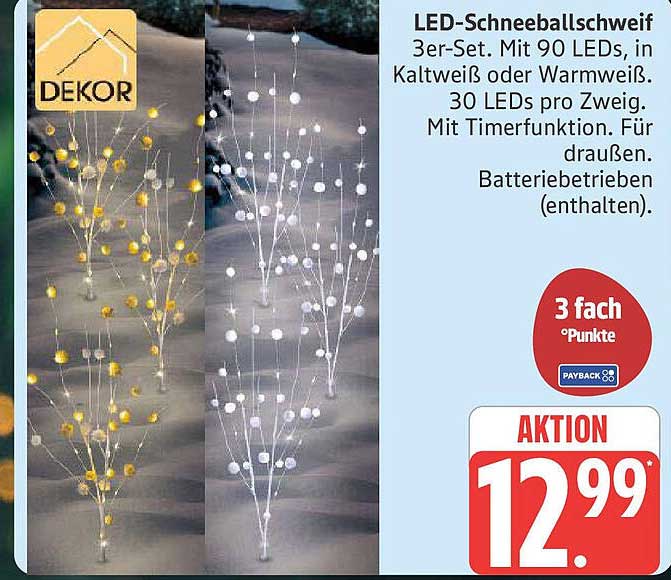 LED-Schneeballschweif 3er-Set mit 90 LEDs - Kaltweiß und Warmweiß