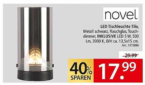 LED Tischleuchte Tilo, Metall schwarz, Rauchglas, Touch-dimmer, INKLUSIVE LED 5 W, 500 Lm, 3000 K, ØH ca. 13,5x15 cm.