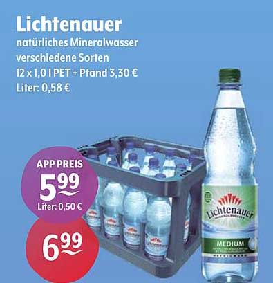 Lichtenauer natürliches Mineralwasser verschiedene Sorten 12 x 1,0 l PET