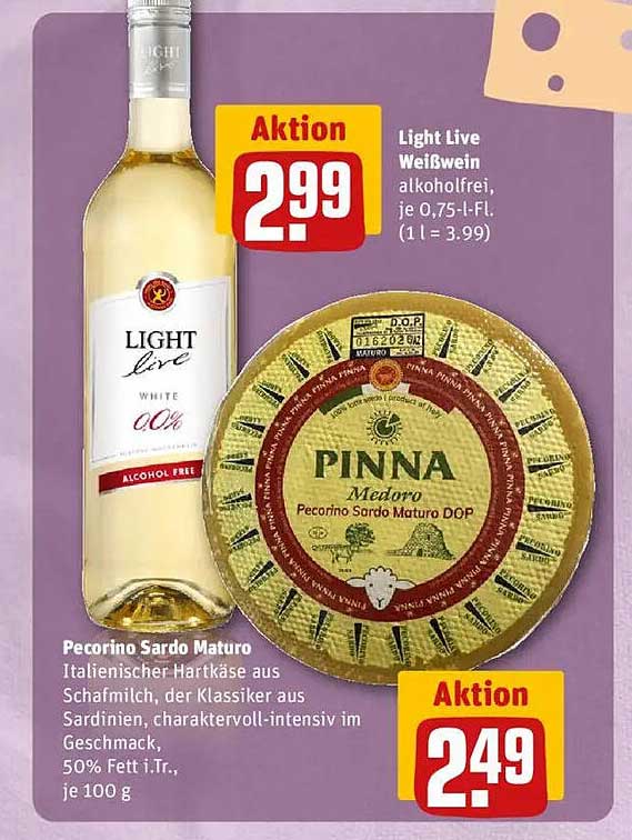 Light Live Weißwein und Pecorino Sardo Maturo