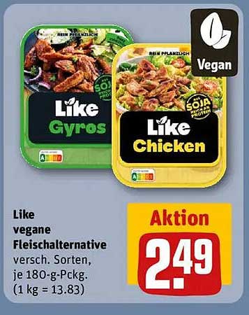 Like vegane Fleischalternative verschieden Sorten (Gyros und Chicken)