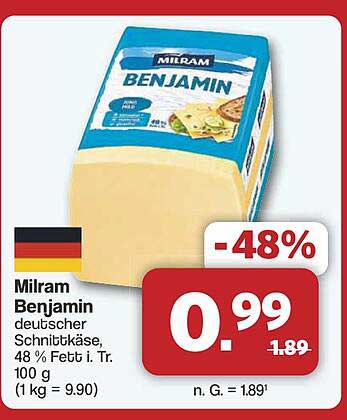 Milram Benjamin deutscher Schnittkäse, 48 % Fett i. Tr.