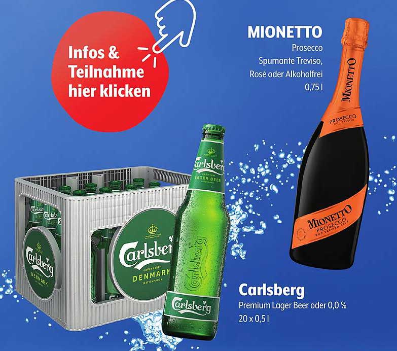 MIONETTO Prosecco Spumante Treviso, Rosé oder Alkoholfrei 0,75 l und Carlsberg Premium Lager Beer oder 0,0 % 20 x 0,5 l