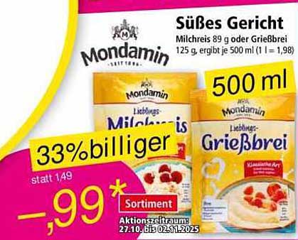 Mondamin Milchreis oder Grießbrei 500 ml für nur 0,99 €