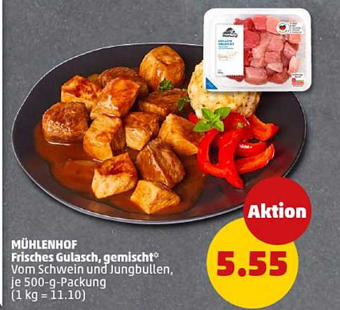 MÜHLENHOF Frisches Gulasch, gemischt* vom Schwein und Jungbullen, je 500-g-Packung