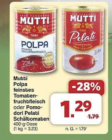 Mutti Polpa feinste Tomatenfruchtfleisch oder Pomodori Pelati Schältomaten 400-g-Dose