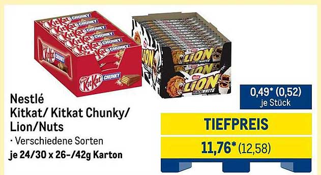 Nestlé Kitkat Chunky / Lion / Nuts - Verschiedene Sorten je 24/30 x 26-/42g Karton