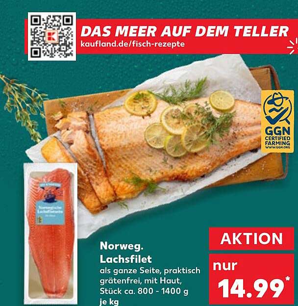 Norweg. Lachsfilet als ganze Seite, praktisch grätenfrei, mit Haut, Stück ca. 800 - 1400 g je kg