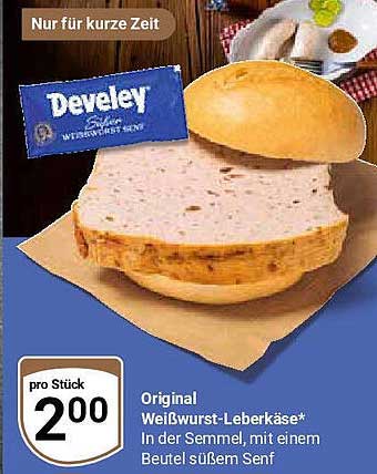 Original Weißwurst-Leberkäse in der Semmel mit einem Beutel süßem Senf