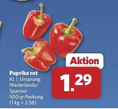 Paprika rot Kl. I, Ursprung: Niederlande/Spanien 500-g-Packung