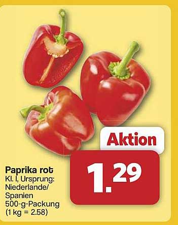 Paprika rot Kl. I, Ursprung: Niederlande/Spanien 500-g-Packung