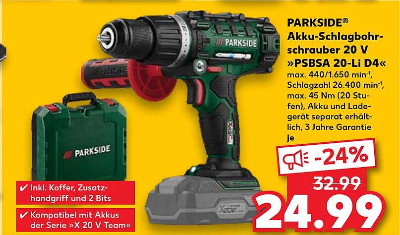 PARKSIDE® Akku-Schlagbohrschrauber 20 V »PSBSA 20-Li D4«