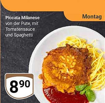 Piccata Milanese von der Pute, mit Tomatensauce und Spaghetti