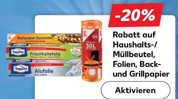 Rabatt auf Haushalts-/Müllbeutel, Folien, Back- und Grillpapier