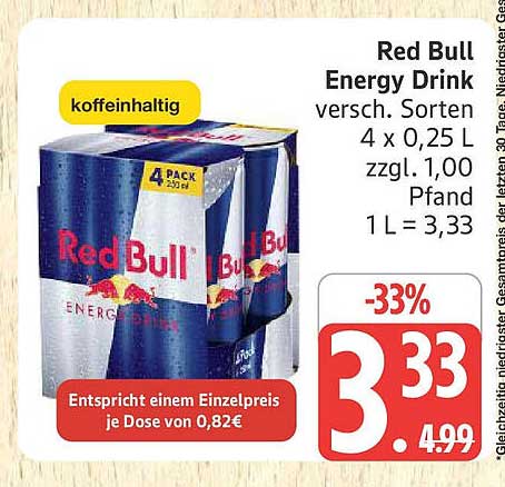 Red Bull Energy Drink 4 x 0,25 L für nur 3,33 €