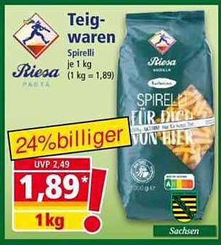 Riesa Spirelli Teigwaren 1 kg für nur 1,89 €