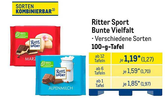 Ritter Sport Bunte Vielfalt – Verschiedene Sorten 100-g-Tafel