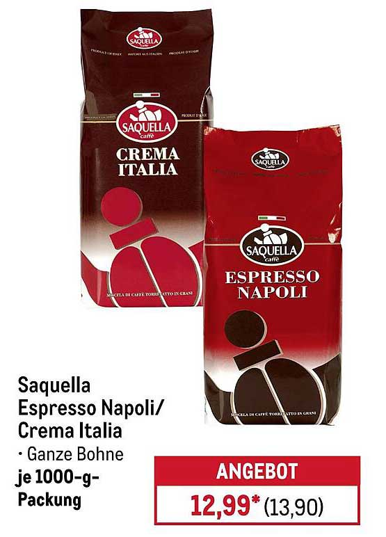 Saquella Espresso Napoli/Cremа Italia - Ganze Bohne je 1000-g-Packung