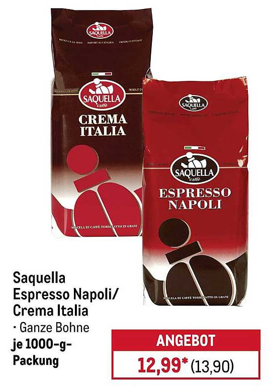 Saquella Espresso Napoli/Cremia Italia - Ganze Bohne je 1000-g-Packung