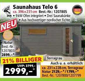 Saunahaus Telo 6 - Inklusive 9 kW Ofen und drei Saunabänken