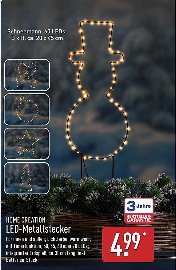 Schneemann LED-Metallstecker, 60 LEDs, B x H: ca. 20 x 45 cm