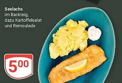 Seelachs im Backteig, dazu Kartoffelsalat und Remoulade