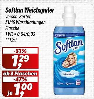 Softlan Weichspüler, versch. Sorten, 31/45 Waschladungen, Flasche