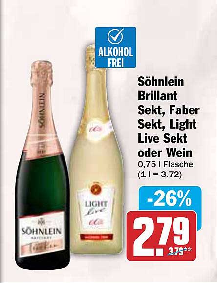 Söhnlein Brillant Sekt, Faber Sekt, Light Live Sekt oder Wein 0,75 l Flasche