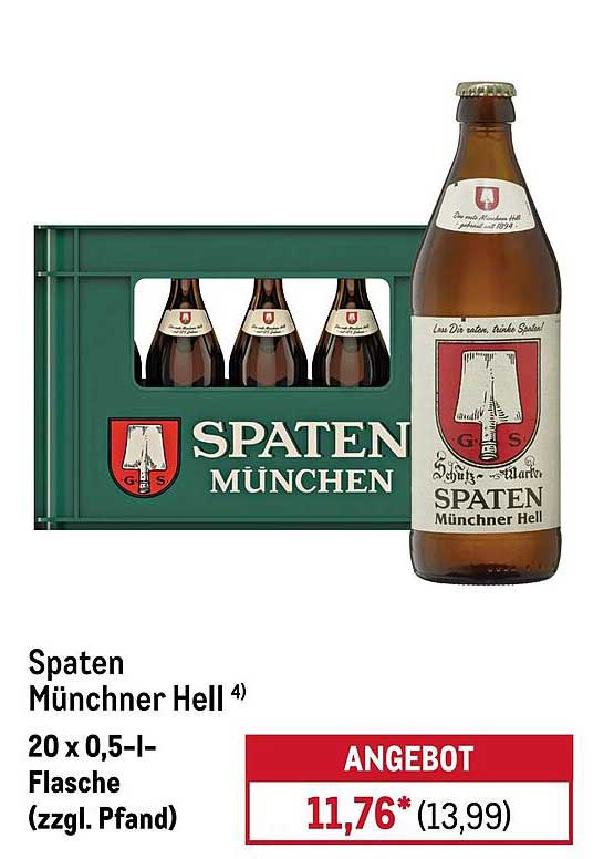 Spaten Münchner Hell 20 x 0,5-l-Flasche (zzgl. Pfand)