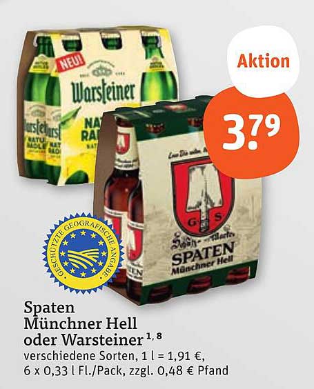 Spaten Münchner Hell oder Warsteiner 6 x 0,33 L - Aktionsangebot