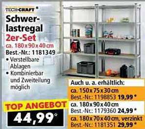 TECH CRAFT Schwerlastregal 2er-Set ca. 180x90x40 cm