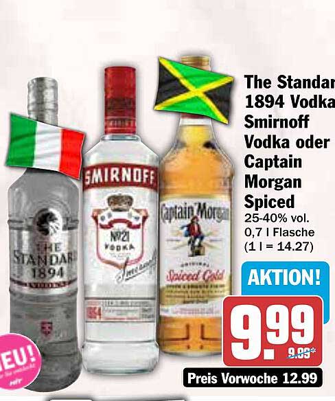 The Standard 1894 Vodka, Smirnoff Vodka oder Captain Morgan Spiced - 0,7 l Flasche