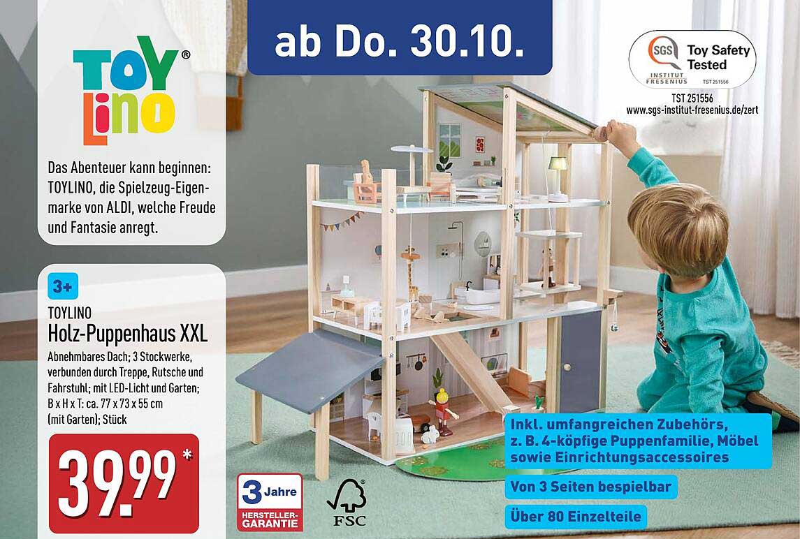 TOYLINOTM Holz-Puppenhaus XXL