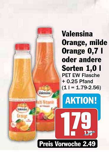 Valensina Orange, milde Orange 0,7 l oder andere Sorten 1,0 l PET EW Flasche + 0,25 Pfand