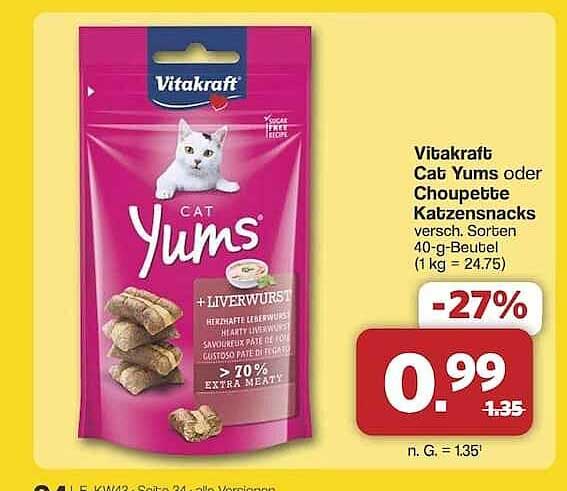 Vitakraft Cat Yums oder Choupeté Katzensnacks - verschiedene Sorten 40-g-Beutel