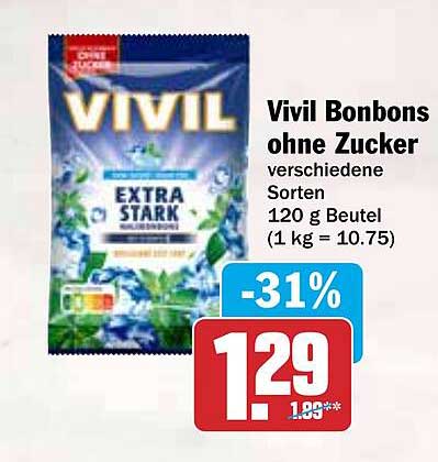 Vivil Bonbons ohne Zucker verschiedene Sorten 120 g Beutel