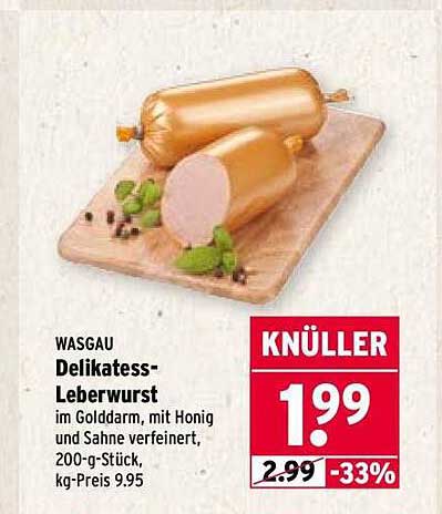WASGAU Delikatess-Leberwurst im Golddarm, mit Honig und Sahne verfeinert, 200-g-Stück