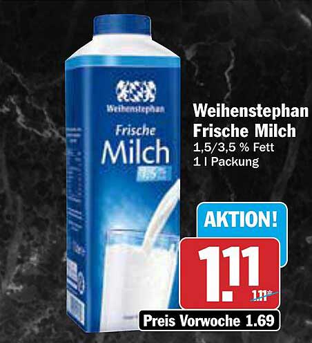 Weihenstephan Frische Milch 1,5/3,5 % Fett 1 l Packung