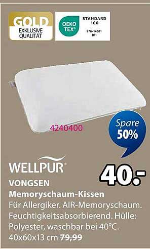 WELLPUR VONGSEN Memoryschaum-Kissen für Allergiker - 50% Rabatt