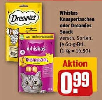 Whiskas Knuspertaschen oder Dreamies Snack 60-g-Btl.
