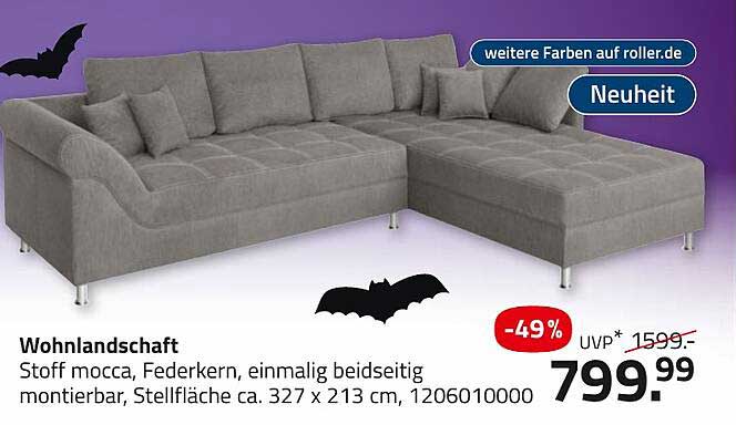 Wohnlandschaft Stoff mocca, Federkern, ein malig beidseitig montierbar