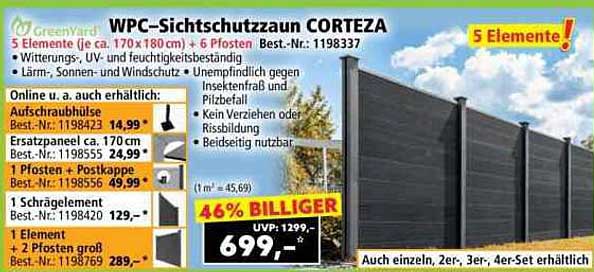 WPC-Sichtschutzzaun CORTEZA – 5 Elemente für optimalen Sichtschutz